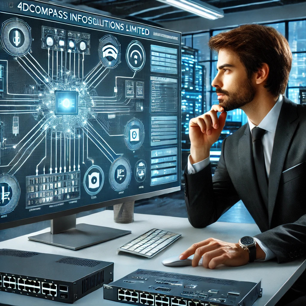 A professional analyzing a Power over Ethernet (PoE) network dashboard with interconnected devices at 4DCompass InfoSolutions.