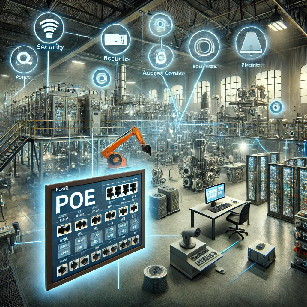 A futuristic industrial facility with a PoE-powered network, integrating security systems, access control, and automation with a robotic arm and surveillance.