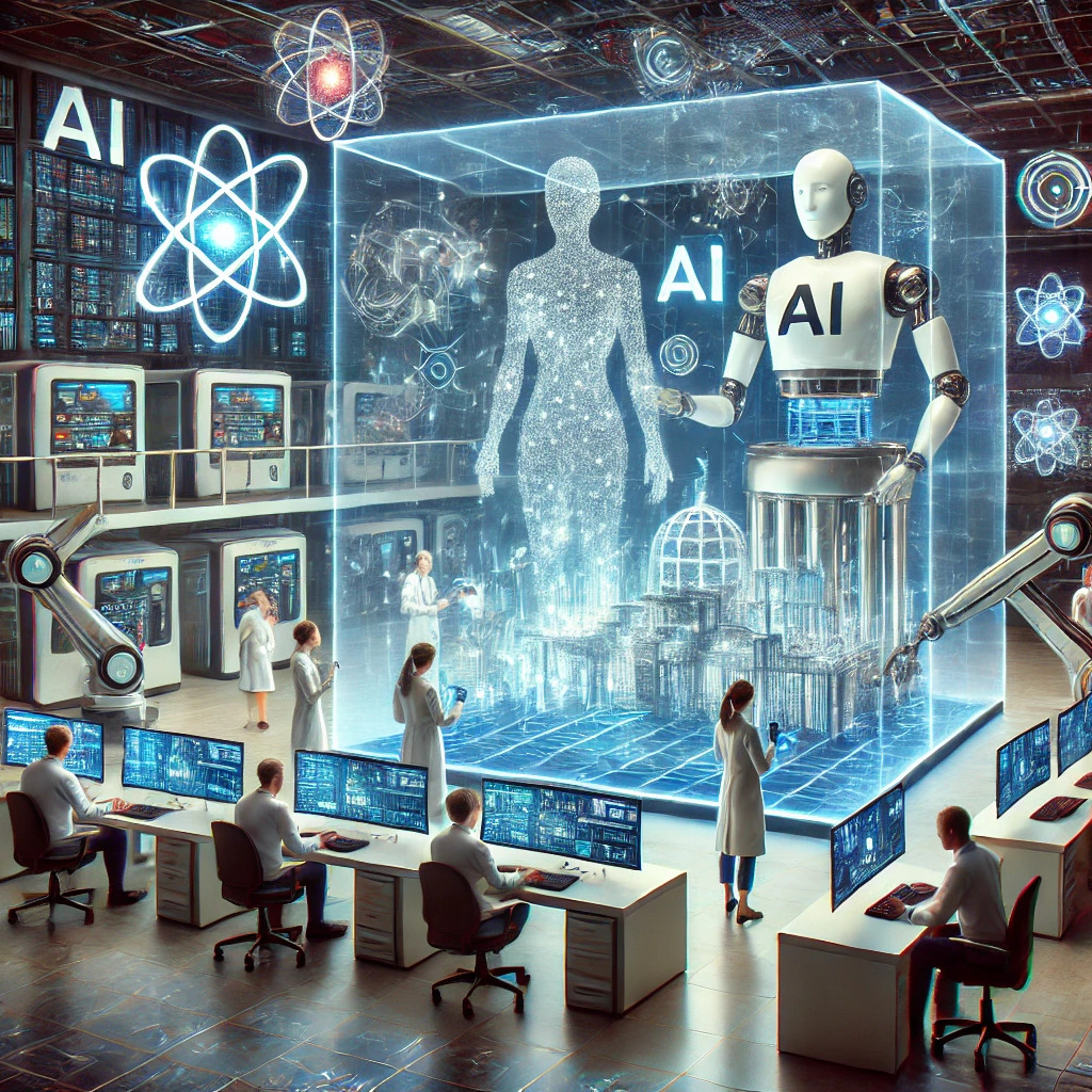 An AI research lab with scientists working on AI models, robotic arms, and quantum computing.