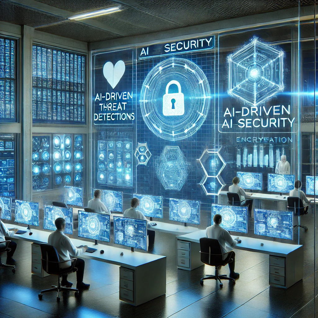 A high-tech AI cybersecurity lab with advanced encryption and security monitoring.