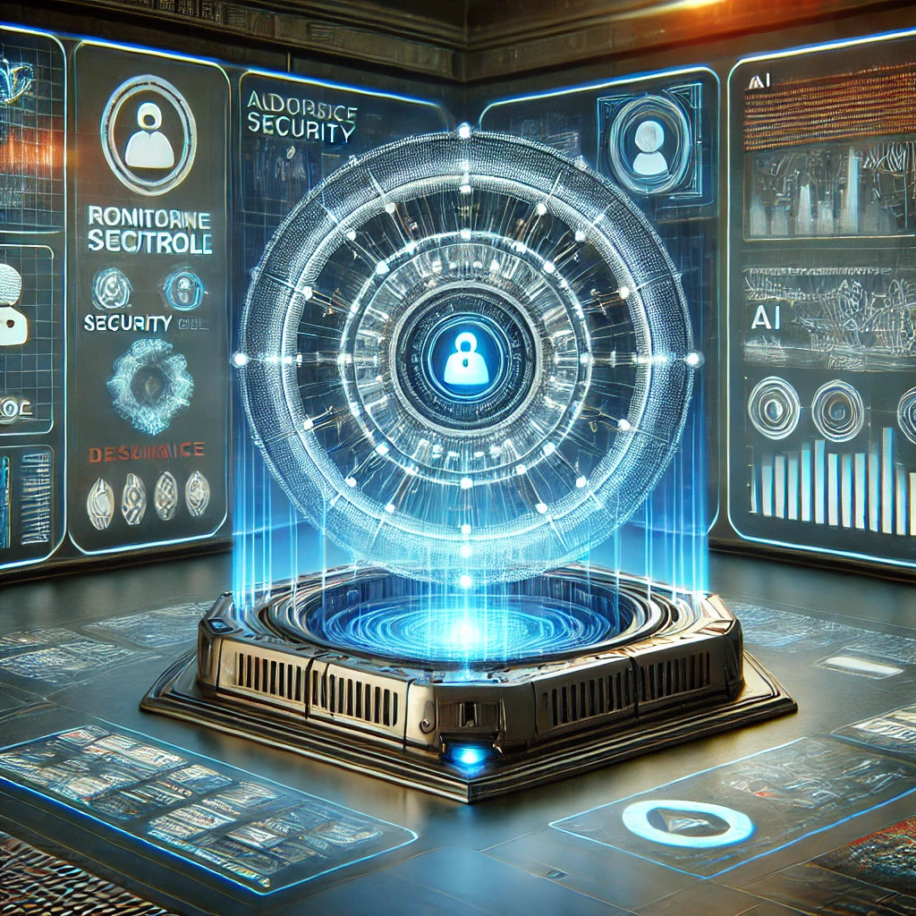 Futuristic AI safety and control system with cybersecurity shields and a digital AI core.