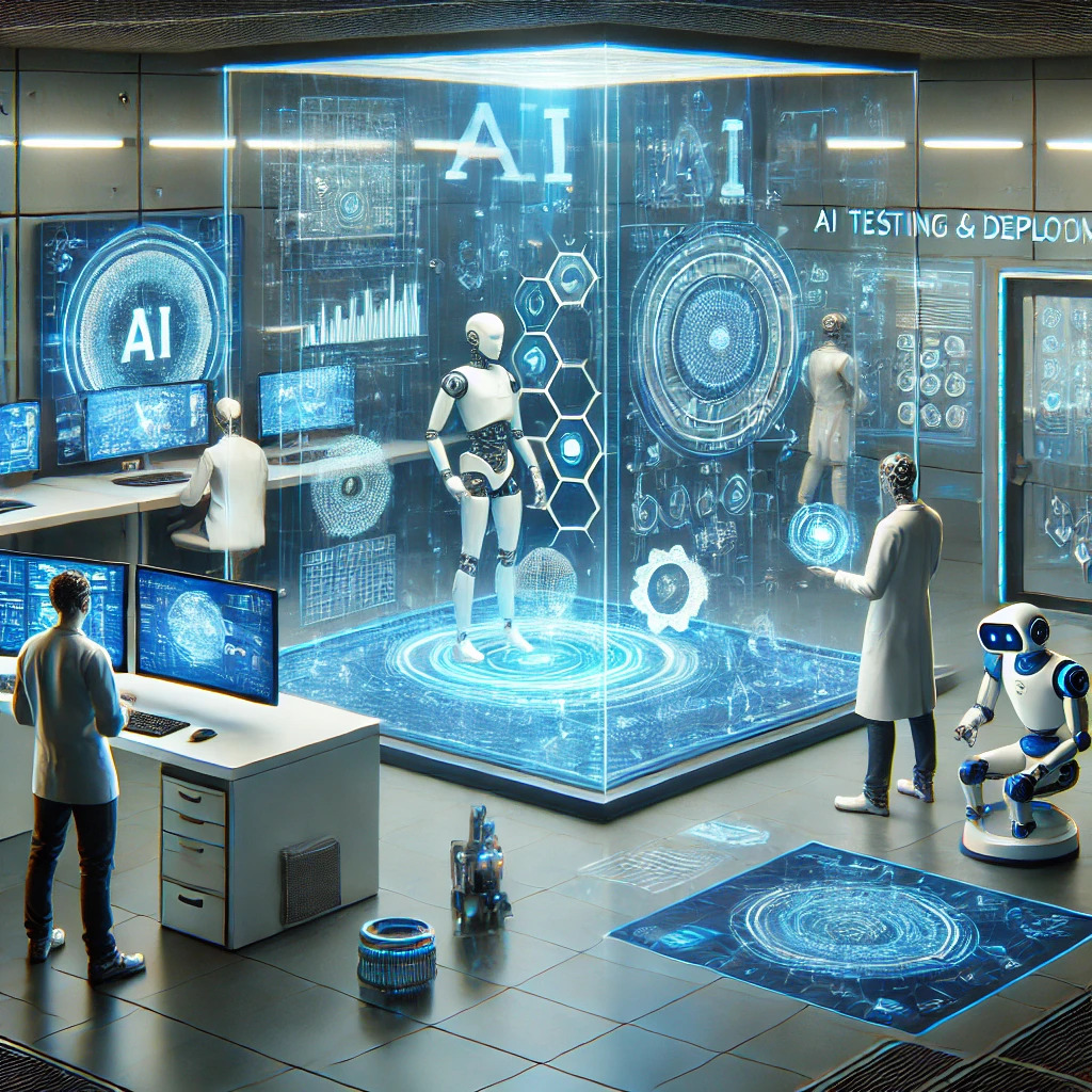 Futuristic AI testing and deployment center with engineers monitoring AI performance.